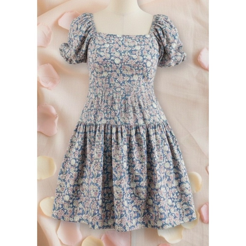 Japra Floral Puff Sleeve Square Neck Tiered Midi Dress Blue‎ Pink Cotton M